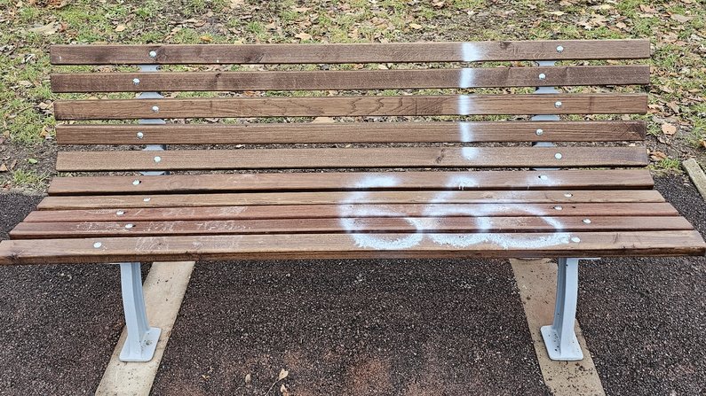 Auf dem Bild ist eine Bank zu sehen, die beschmiert wurde. 